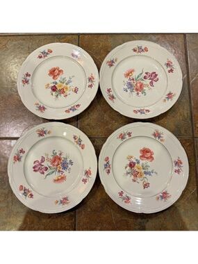 Zeh Scherzer Bavaria Germany Floral Minuet Dinner Plate Set of 4 9-3/4' Gold Tri
